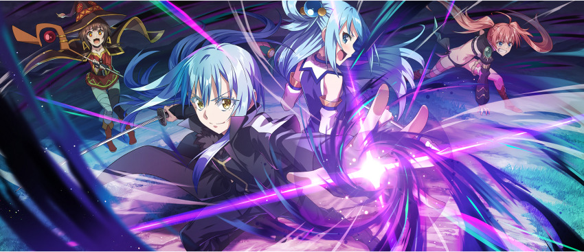 +_+ 1other 3girls ahoge aqua_(konosuba) back-to-back bandaged_leg bandages belt black_cloak black_coat black_hat black_panties black_pants black_shirt black_thighhighs blue_eyes blue_hair blue_shirt boots breasts brown_belt brown_boots brown_hair cloak closed_mouth coat collar collarbone crop_top crossover detached_sleeves dress excited floating_hair furrowed_brow game_cg grin groin_tendon hair_between_eyes hair_rings hair_tie hat high_collar highres holding holding_staff holding_sword holding_weapon huge_ahoge katana knee_boots knees_together_feet_apart kono_subarashii_sekai_ni_shukufuku_wo! konosuba!_fantastic_days large_breasts leaning_forward long_hair long_sidelocks long_sleeves looking_at_viewer looking_back mage_staff magic megumin milim_nava multiple_girls navel official_art open_mouth outdoors outstretched_arms panties pants pink_hair pink_thighhighs red_boots red_dress red_eyes rimuru_tempest shirt short-sleeved_coat short_dress short_hair short_hair_with_long_locks short_sleeves side-tie_panties sidelocks single_hair_ring single_thighhigh sleeveless sleeveless_shirt small_breasts smile staff standing striped_clothes striped_thighhighs sword tensei_shitara_slime_datta_ken thigh_strap thighhighs twintails two-tone_thighhighs underwear v-shaped_eyebrows very_long_hair weapon white_collar white_sleeves white_thighhighs witch_hat yellow_eyes zettai_ryouiki