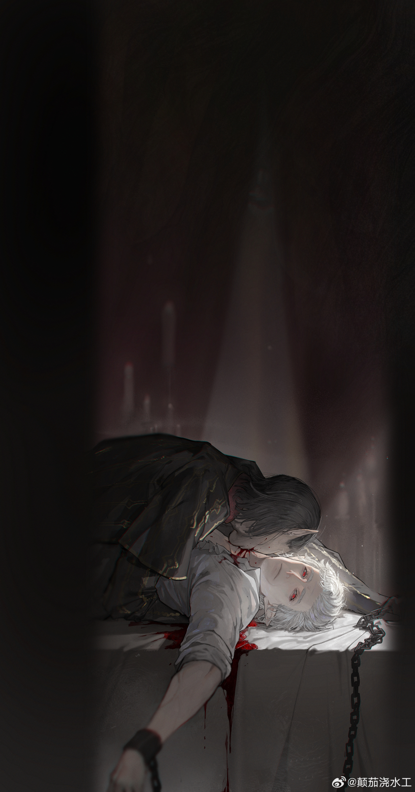2boys absurdres astarion baldur&#039;s_gate baldur&#039;s_gate_3 biting black_capelet black_hair blood blood_on_clothes blurry blurry_background capelet cazador_szarr chain chained_wrists chinese_commentary commentary_request drinking_blood dungeons_&amp;_dragons eboda-x empty_eyes from_side highres indoors looking_at_viewer lying male_focus multiple_boys neck_biting on_back pointy_ears realistic red_eyes shirt short_hair tears upper_body vampire watermark weibo_watermark white_hair white_shirt