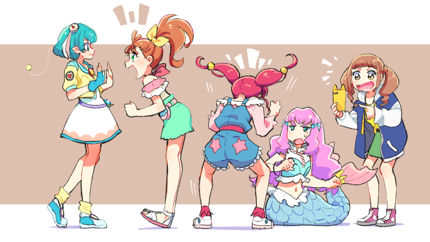 5girls :d antennae aqua_eyes aqua_hair aqua_sailor_collar aqua_shirt aqua_shoes aqua_shorts azuma_yukihiko belt blouse blue_jacket blue_overalls blush border bow brown_background brown_belt brown_eyes brown_hair cellphone closed_mouth commentary_request crop_top dress excited fins fist_pump floating_hair frilled_shirt frills from_behind from_side frown green_eyes green_skirt hagoromo_lala hair_bobbles hair_bow hair_ornament hair_strand halterneck hands_up head_fins healin&#039;_good_precure heart heart_hair_ornament high_ponytail highres hiramitsu_hinata holding holding_phone hood hooded_jacket hoshina_hikaru jacket laura_(precure) leaning_forward leg_warmers letterboxed long_hair long_sleeves looking_at_another mermaid midriff monster_girl motion_lines multicolored_hair multicolored_jacket multicolored_shirt multiple_girls natsuumi_manatsu navel off_shoulder open_clothes open_jacket open_mouth orange_hair outside_border overalls pearl_hair_ornament phone pink_belt pink_hair pink_legwear pink_shirt pink_shoes pointing pointy_ears ponytail pouch precure rectangular_mouth sailor_collar sandals scales shadow shirt shoes short_hair shorts shouting side_ponytail simple_background skirt sleeveless sleeveless_shirt smartphone smile sneakers socks forked_tail squatting star_(symbol) star_print star_twinkle_precure stomach streaked_hair sweatdrop thick_eyebrows tropical-rouge!_precure twintails wavy_hair white_border white_dress white_footwear white_hair white_jacket white_shirt white_sleeves yellow_bow yellow_jacket yellow_shirt