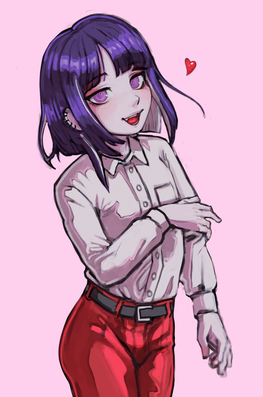 1boy absurdres belt ear_piercing earrings heart highres jewelry long_sleeves looking_at_viewer male_focus open_mouth pants parted_bangs piercing pink_background pink_eyes purple_hair red_pants shirt simple_background solo solo_focus standing teeth the_hundred_line_-last_defense_academy- tongue tsukumo_ima white_shirt