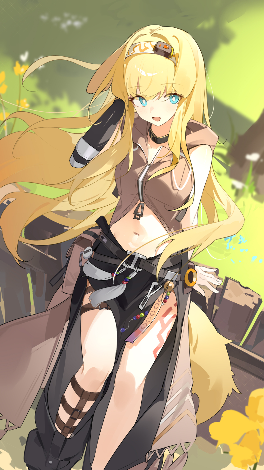 1girl absurdres animal_ears aqua_eyes arknights belt black_belt black_choker black_gloves blonde_hair brigid_(arknights) choker elbow_gloves fence gloves grass highres leg_tattoo long_hair navel open_mouth single_elbow_glove sitting_on_fence smile solo tail tattoo teketi yellow_tail