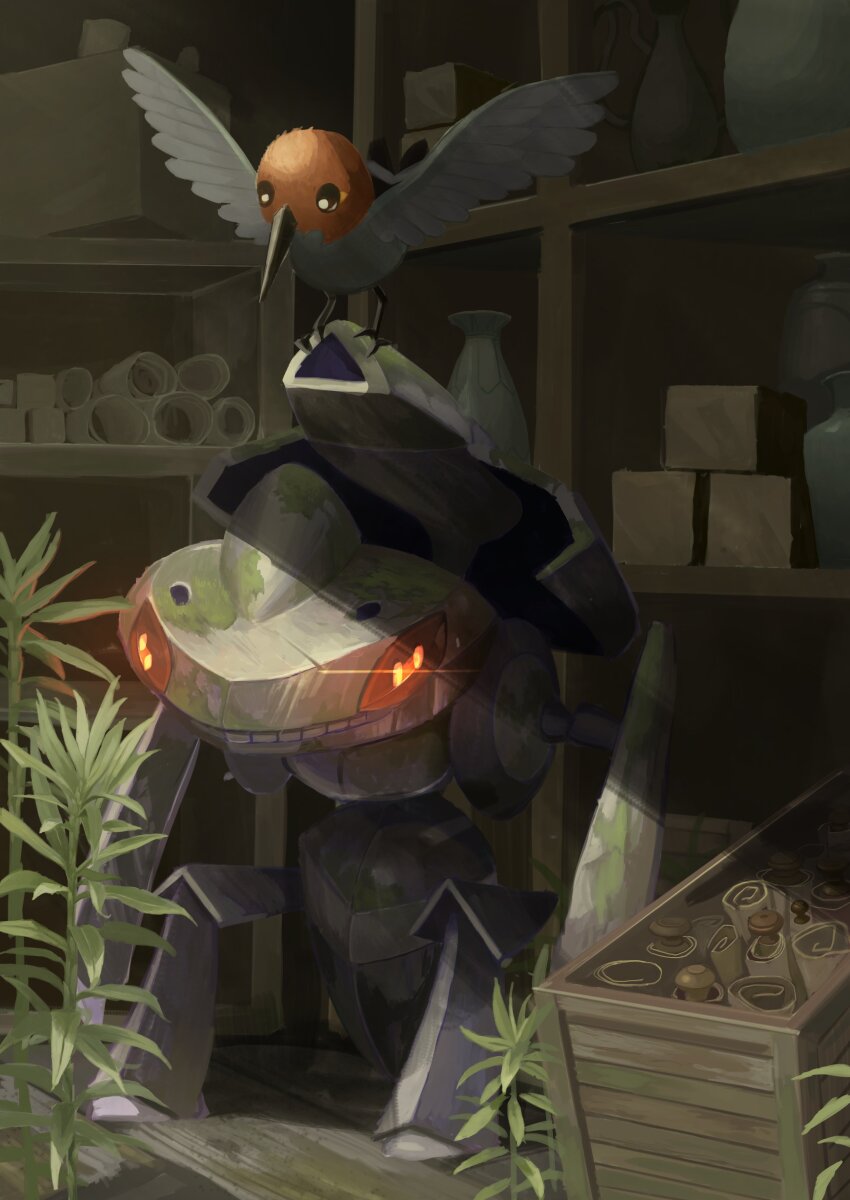 absurdres bird bright_pupils commentary_request crate fletchling gen_5_pokemon gen_6_pokemon genesect highres indoors king_joe_(neoroto) legendary_pokemon looking_down moss mythical_pokemon nintendo no_humans plant pokemon pokemon_(creature) scroll shelf vase white_pupils