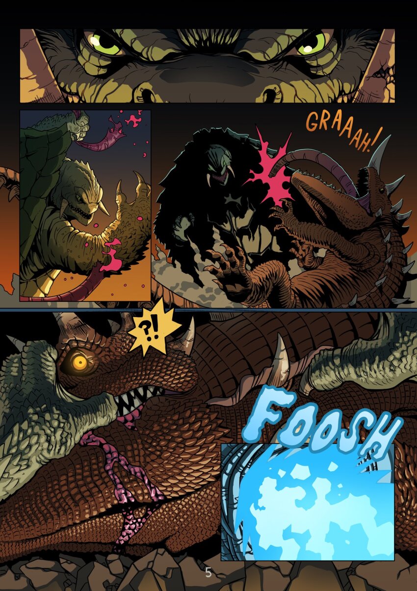 alex_alcanter barugon bleeding blood blue_fire blue_plasma colored_blood daiei_film daiei_motion_picture destruction english_text exhaust fire flying gamera gamera_(series) gamera_vs._barugon green_eyes highres horns kadokawa kaiju lizard long_tongue nasal_horn night no_humans pink_blood plasma sea_monster smoke tail text_focus tongue turtle turtle_shell tusks very_long_tongue yellow_eyes