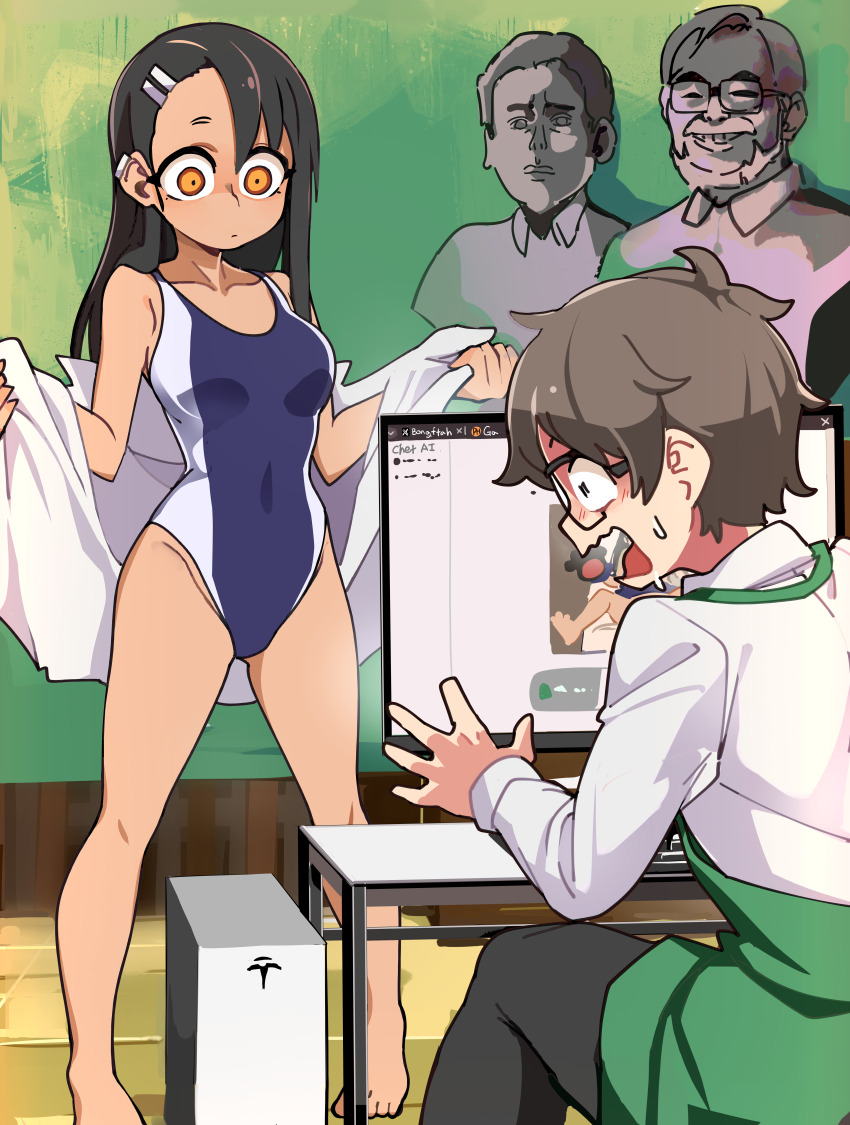 1girl absurdres ai-generated_art_(topic) asymmetrical_bangs black_hair bongfill brown_hair commentary computer glasses hachiouji_naoto hair_ornament hairclip highres ijiranaide_nagatoro-san miyazaki_hayao_(person) nagatoro_hayase short_hair statue sweat swimsuit