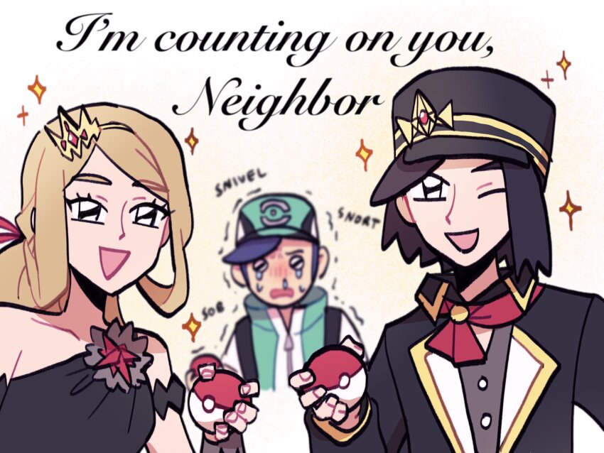 1girl 2boys :d ;d black_eyes black_hair black_hat blonde_hair blurry blurry_background calem_(champion)_(pokemon) calem_(pokemon) commentary crying dress english_commentary english_text eyelashes hat highres holding holding_poke_ball long_hair long_sleeves multiple_boys nintendo one_eye_closed open_mouth parted_bangs poke_ball poke_ball_(basic) pokemon pokemon_masters_ex scottie_(pokemon) serena_(champion)_(pokemon) serena_(pokemon) short_hair smile sparkle submashell tears trembling vest zipper_pull_tab