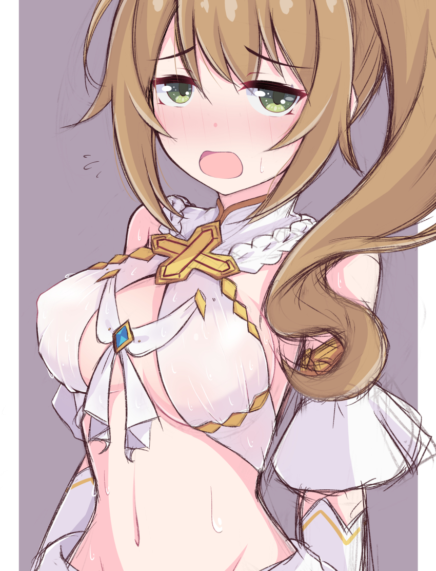1girl absurdres breasts brown_hair chloe_(princess_connect!) commentary_request cosplay criss-cross_halter dancer detached_sleeves embarrassed green_eyes halterneck highres kuroha_koudai large_breasts light_blush long_hair looking_at_viewer midriff navel open_mouth princess_connect! side_ponytail sideboob solo stomach sweat underboob upper_body yui_(ceremonial)_(princess_connect!) yui_(princess_connect!) yui_(princess_connect!)_(cosplay)