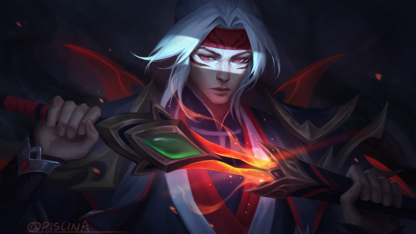 1boy absurdres armor artist_name facial_tattoo glowing glowing_sword glowing_weapon headband highres holding holding_weapon immortal_journey_zed league_of_legends long_hair long_sleeves looking_at_viewer male_focus piscina red_eyes red_headband sheath tattoo unsheathing upper_body weapon white_hair zed_(league_of_legends)