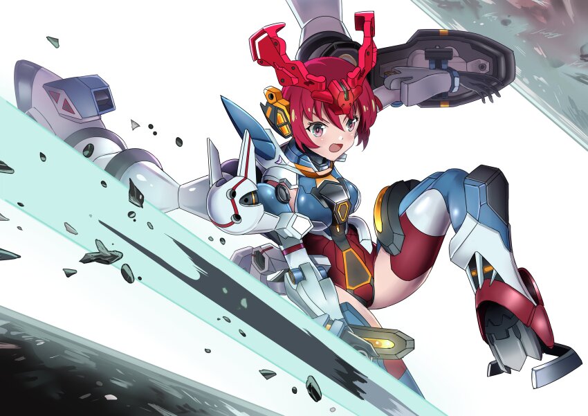 1girl absurdres amate_yuzuriha breasts commentary english_commentary gquuuuuux gundam highres leotard looking_at_viewer mecha_musume medium_breasts open_mouth red_eyes red_hair shield short_hair solo sudhiro_sappurisa thighhighs thrusters v-fin variant_set very_short_hair