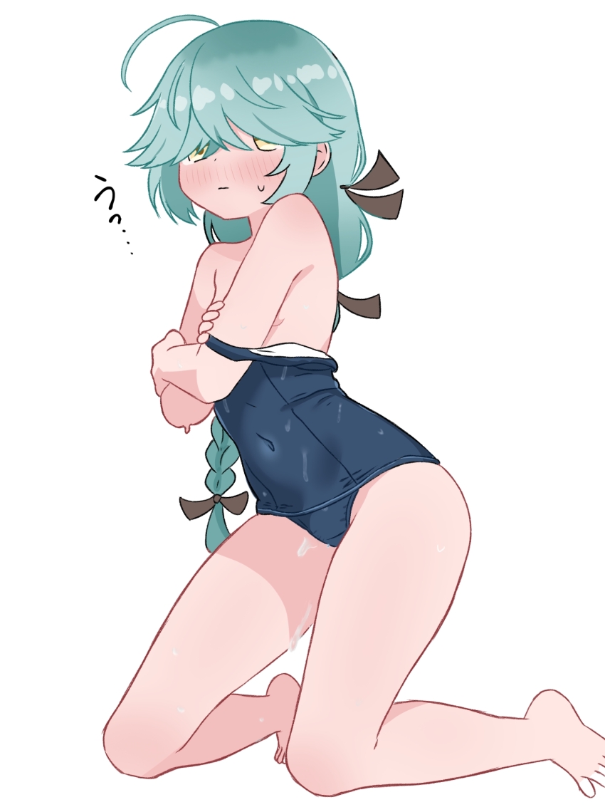 1girl ahoge aqua_hair barefoot black_ribbon blue_one-piece_swimsuit blue_school_swimsuit blush braid clothes_pull covering_breasts covering_privates embarrassed flat_chest hair_over_eyes hair_ribbon hamanami_(kancolle) kantai_collection kneeling loli long_hair looking_at_viewer matsu_(pixiv_115467950) off-shoulder off-shoulder_one-piece_swimsuit one-piece_swimsuit one-piece_swimsuit_pull ribbon school_swimsuit single_braid sweat swimsuit tears undressing wet white_background yellow_eyes