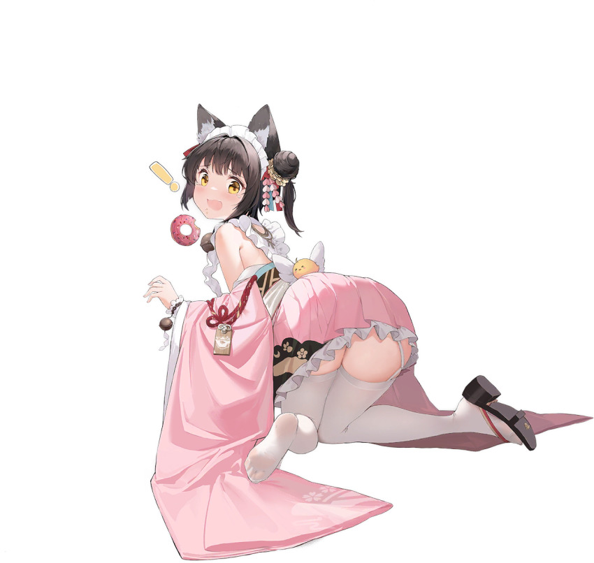 1girl alisa_(kuro_no_sakura) animal_ears apron azur_lane back_bow bow brown_hair brown_shoes bucket donut food from_side garter_straps highres kneeling looking_at_viewer manjuu_(azur_lane) medium_hair mutsu_(a_maid&#039;s_mis-service?)_(azur_lane) mutsu_(azur_lane) official_alternate_costume official_art pink_skirt pleated_skirt shoes single_shoe skirt solo thighhighs transparent_background white_apron white_garter_straps white_thighhighs yellow_eyes