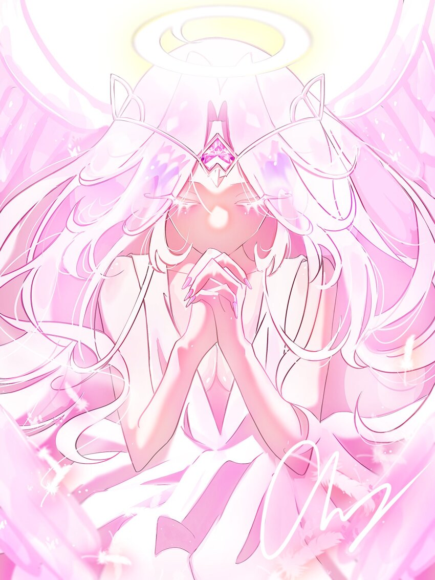 1girl angel angel_wings colored_skin cookie_run cookie_run:_kingdom dress eternal_sugar_cookie halo highres long_hair pink_eyes pink_hair pink_skin ppung331420 solo very_long_hair white_dress wing_eyes wings