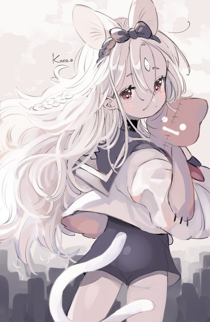 1girl animal_ears artist_name blue_sailor_collar blue_shorts braid cat_ears cat_tail choker closed_mouth collared_shirt from_behind hair_between_eyes hairband highres hugging_object jikuno long_hair looking_at_viewer neckerchief original red_eyes red_neckerchief sailor_collar shirt shorts sketch solo standing tail wavy_hair white_hair white_shirt
