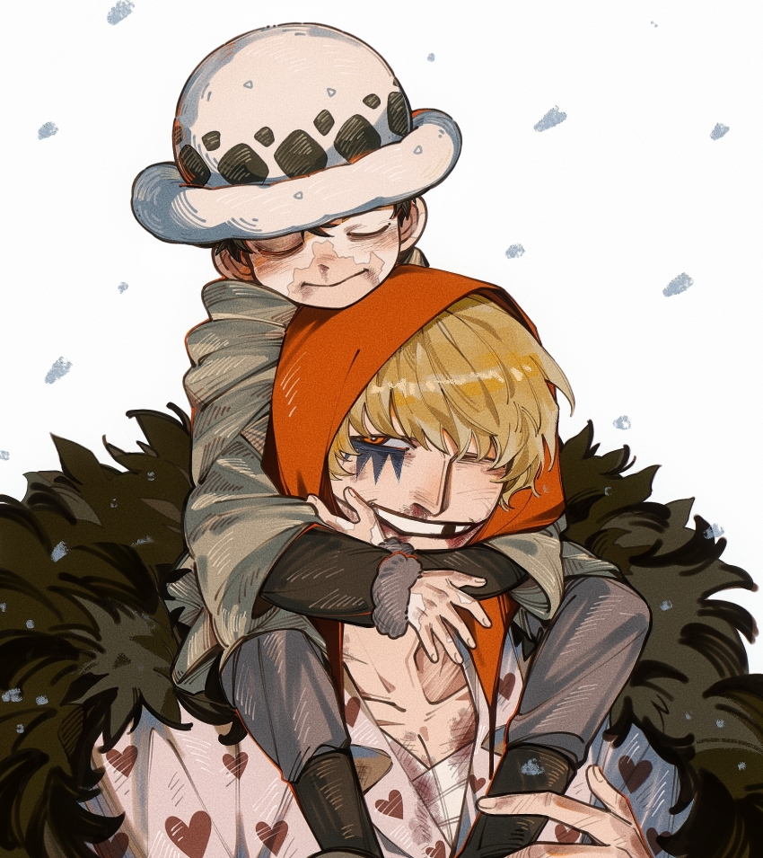 2boys aged_down arms_around_neck bandaged_chest bandages black_fur black_hair blonde_hair blood blood_on_face bloody_bandages chinese_commentary cloak closed_eyes closed_mouth collared_shirt commentary_request donquixote_rocinante fur-trimmed_sleeves fur_trim grey_cloak grey_fur grin hat heart highres hug jo_jun long_sleeves male_focus material_growth missing_tooth multiple_boys nosebleed one_eye_closed one_piece open_collar print_shirt red_hat shirt short_hair sitting smile snowing teeth trafalgar_law white_background