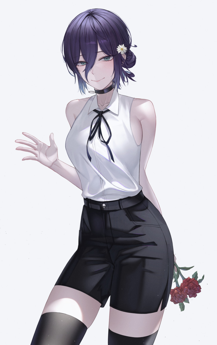 1girl absurdres black_choker black_ribbon black_shorts black_thighhighs chainsaw_man choker collared_shirt flower green_eyes grenade_pin hair_flower hair_ornament highres holding holding_flower looking_at_viewer neck_ribbon purple_hair red_flower reze_(chainsaw_man) ribbon sharklesz shirt shirt_tucked_in shorts simple_background sleeveless sleeveless_shirt solo thighhighs white_background white_flower white_shirt