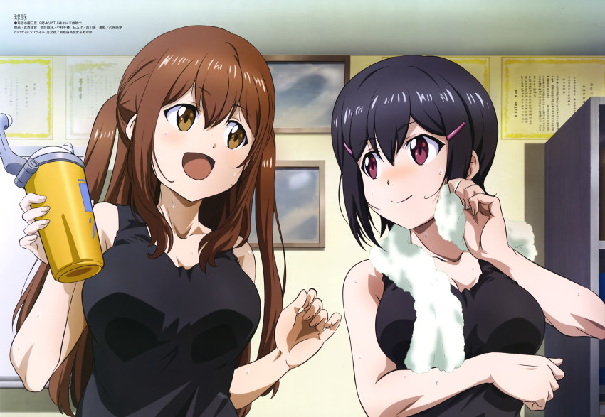 2girls :d absurdres black_hair black_tank_top bottle breast_hold breasts brown_eyes brown_hair cleavage closed_mouth collarbone hair_ornament hairclip highres holding holding_bottle indoors medium_breasts multiple_girls nagamori_yoshihiro official_art open_mouth red_eyes sidelocks smile takeda_yomi tamayomi tank_top towel towel_around_neck twintails wet yamazaki_tamaki