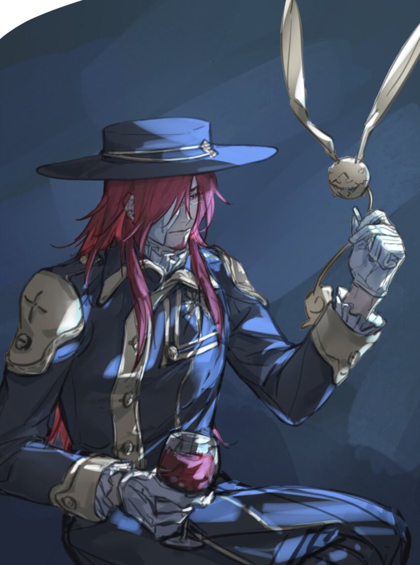 1boy 1other alcohol badge black_coat black_hat black_order_uniform blue_background coat collared_coat creature cross cross_marian cup d.gray-man drinking_glass ear_piercing facial_hair glass glasses gloves golem_(d.gray-man) hair_between_eyes hair_over_one_eye half_mask hashtag-only_commentary hat highres holding holding_creature holding_cup kllmsshyd long_hair looking_at_another male_focus mask mature_male one_eye_covered piercing poet_shirt red_eyes red_facial_hair red_hair shirt sidelocks sitting striped_coat tail timcanpy white_gloves white_mask white_shirt wine wine_glass wings