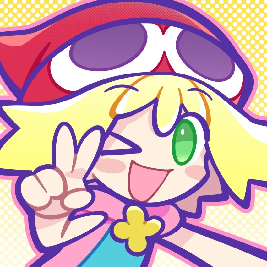 &gt;_o 1girl :d amitie_(puyopuyo) aqua_hoodie blonde_hair blush_stickers character_hat chibi chibi_only double-parted_bangs flipped_hair flipped_sidelocks flower flower_brooch gradient_background green_eyes halftone halftone_background hand_up happy hat highres hood hood_down hoodie leslietheluna looking_at_viewer no_nose no_pupils one_eye_closed open_mouth outstretched_arm pink_hoodie portrait puyopuyo puyopuyo_20th_anniversary raised_eyebrows red_hat sideways_glance sleeveless sleeveless_hoodie smile solo three_quarter_view two-tone_background two-tone_hoodie v white_background yellow_background yellow_flower
