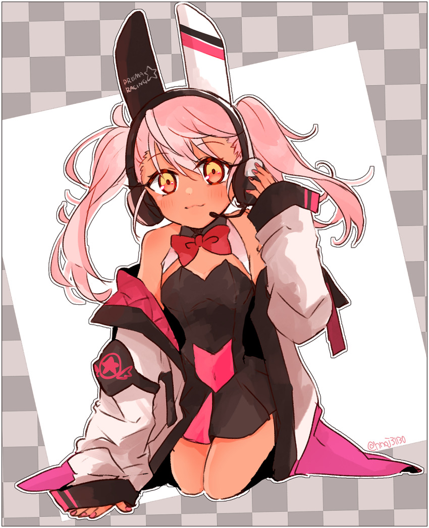 1girl :3 adjusting_headphones alternate_costume animal_ear_headphones animal_ears arm_up black_leotard bow bowtie checkered_background chloe_von_einzbern commentary_request covered_navel dark-skinned_female dark_skin fake_animal_ears fate/kaleid_liner_prisma_illya fate_(series) full_body hair_between_eyes hand_on_ground headphones highres jacket kneeling leotard looking_at_viewer microphone multicolored_leotard off_shoulder pink_hair pink_leotard pink_nails red_bow red_bowtie saihara smile solo twintails twitter_username two-tone_leotard white_jacket yellow_eyes