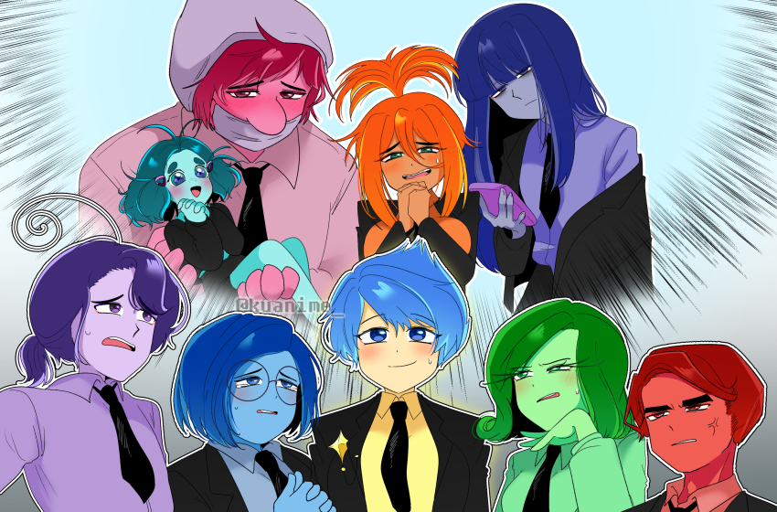 2024 3boys 6+girls anger_(inside_out) anxiety_(inside_out_2) blue_hair blue_skin business_suit colored_skin disgust_(inside_out) disney embarrassment_(inside_out) ennui_(inside_out_2) envy_(inside_out_2) fear_(inside_out) formal_clothes glasses green_eyes green_hair green_skin highres inside_out inside_out_2 joy_(inside_out) kuanime masked multiple_boys multiple_girls orange_hair orange_skin phone pink_eyes pink_hair pink_skin pixar purple_eyes purple_hair purple_skin red_eyes red_hair red_skin sadness_(inside_out) short_hair suit tagme yellow_skin