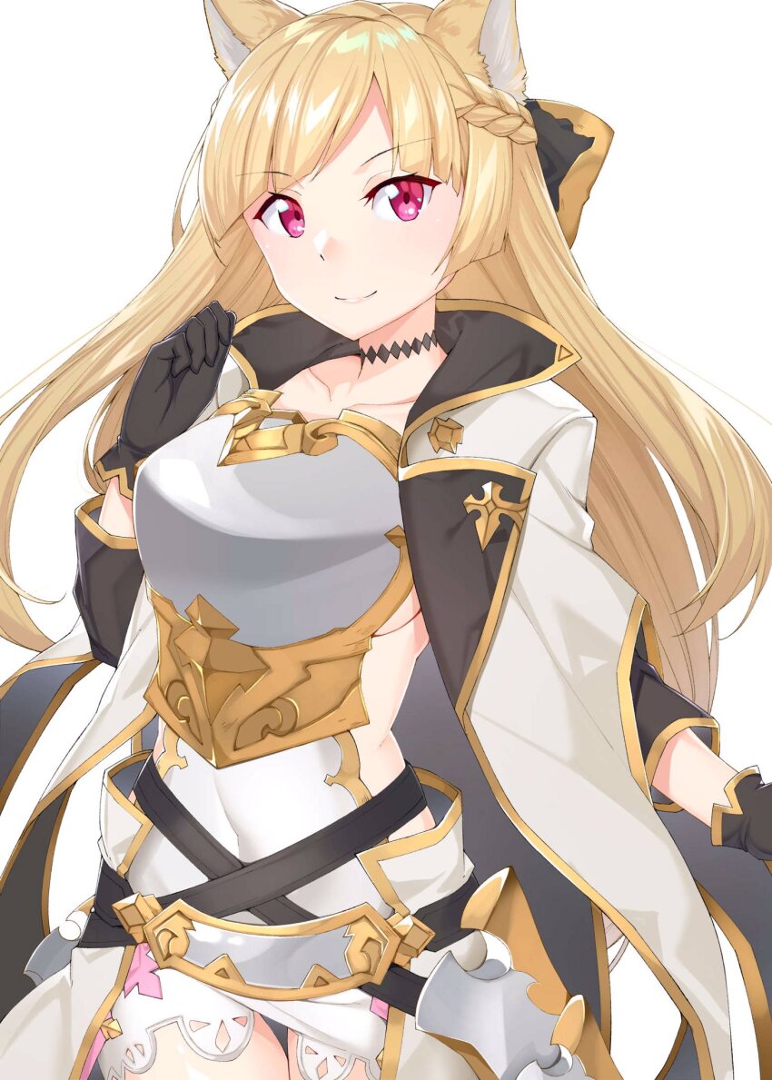 animal_ears armor black_choker black_gloves black_ribbon blonde_hair blunt_sidelocks braid breastplate choker coat erune gloves granblue_fantasy highres long_hair pink_eyes raitho ribbon sidelocks thigh_armor white_coat yuisis_(granblue_fantasy)