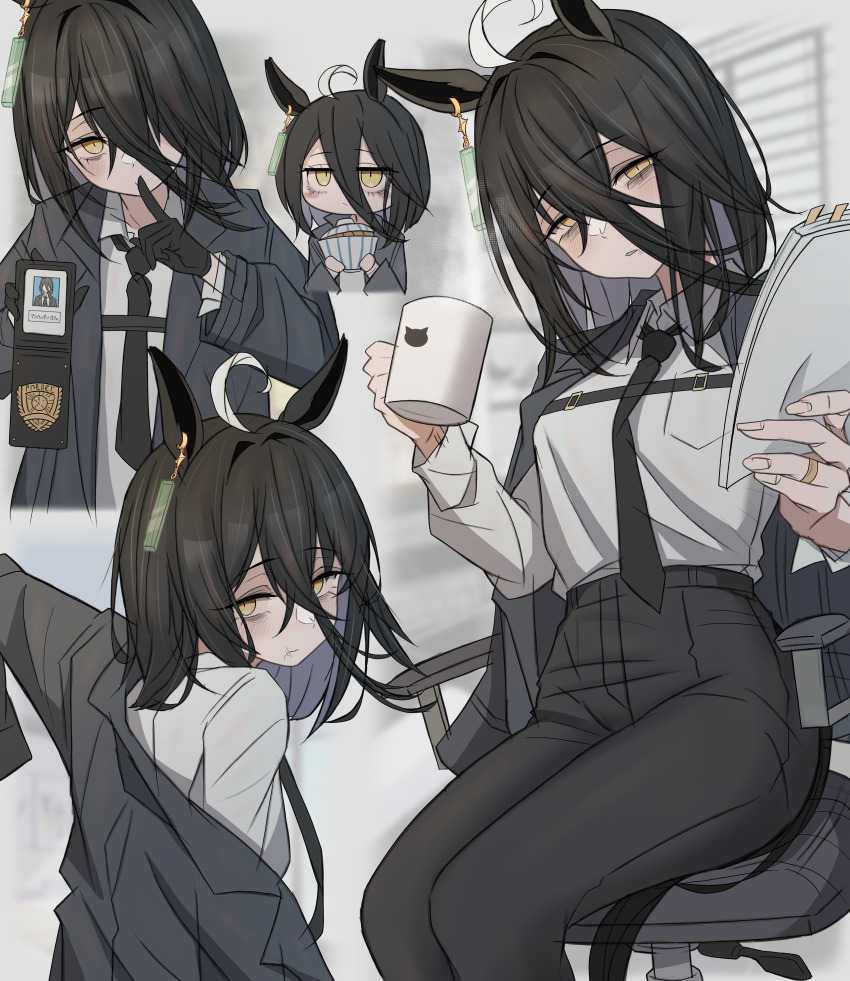 1girl absurdres ahoge alternate_costume badge bags_under_eyes black_coat black_gloves black_hair black_necktie black_pants chair coat coffee_mug cup ear_tag finger_to_mouth gloves hair_between_eyes half-closed_eyes highres holding holding_badge holding_cup holding_paper holding_wallet horse_girl id_photo index_finger_raised jewelry jitome leogust long_hair manhattan_cafe_(umamusume) mug multiple_views necktie office_chair on_chair pants paper police_badge ring shirt sitting steam swivel_chair umamusume wallet white_shirt yellow_eyes