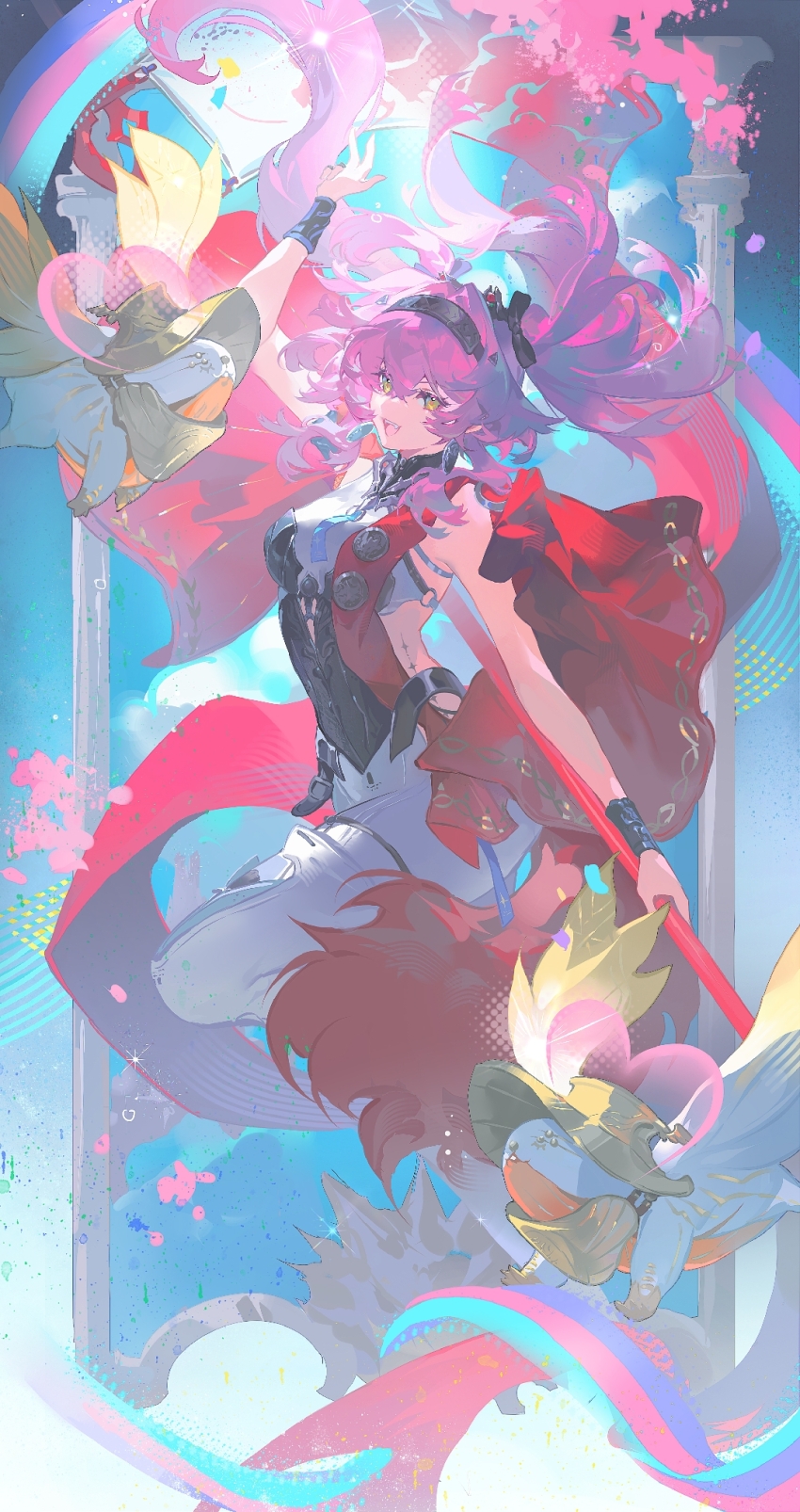 1girl armor bare_shoulders black_bow bodysuit boots bow breastplate breasts collar earrings floating_hair hair_bow hair_floating_upwards hairband highres jewelry long_hair looking_at_viewer lupa_(wuthering_waves) medium_breasts metal_collar metal_hairband missing_commentary open_mouth pink_hair red_pupils red_sash sash smile solo tacet_discord_(wuthering_waves) tacet_mark_(wuthering_waves) thigh_boots white_bodysuit white_boots wuthering_waves yellow_eyes yunouou10