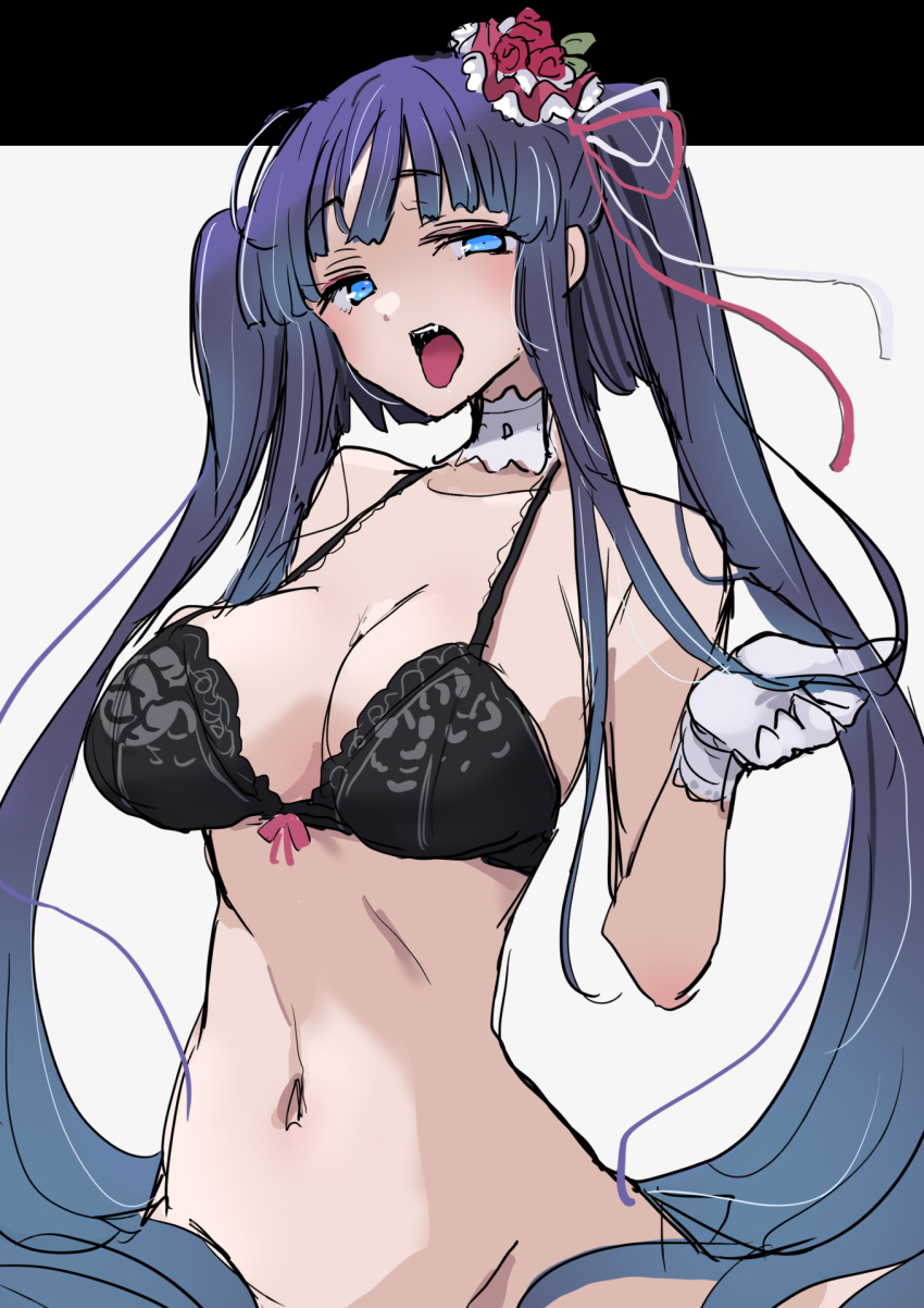 1girl alternate_costume black_bra blue_eyes blue_hair bra breasts cleavage cowboy_shot furudo_erika gloves hair_between_eyes hair_ornament highres large_breasts long28 looking_at_viewer navel open_mouth sidelocks simple_background solo stomach teeth twintails umineko_no_naku_koro_ni underwear upper_teeth_only white_background white_gloves