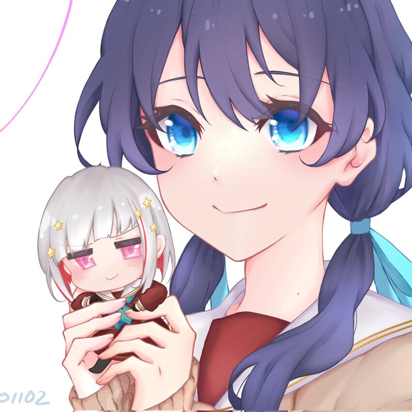 2girls :&gt; alt_text aqua_neckerchief black_choker black_gloves black_pantyhose blush bob_cut brown_dress chibi choker closed_mouth colored_inner_hair commentary corrupted_twitter_file dated diagonal_bangs dollchestra dress gloves grey_hair hair_ornament half_gloves hasu_no_sora_school_uniform highres holding holding_mini_person inverted_bob jitome link!_like!_love_live! long_sleeves looking_at_viewer love_live! medium_dress mini_person multicolored_hair multiple_girls murano_sayaka neckerchief o-ring o-ring_choker pantyhose pink_eyes pleated_dress portrait ranmaro red_hair sailor_collar sailor_dress school_uniform short_hair smile star_(symbol) star_hair_ornament streaked_hair virtual_youtuber white_sailor_collar winter_uniform yugiri_tsuzuri
