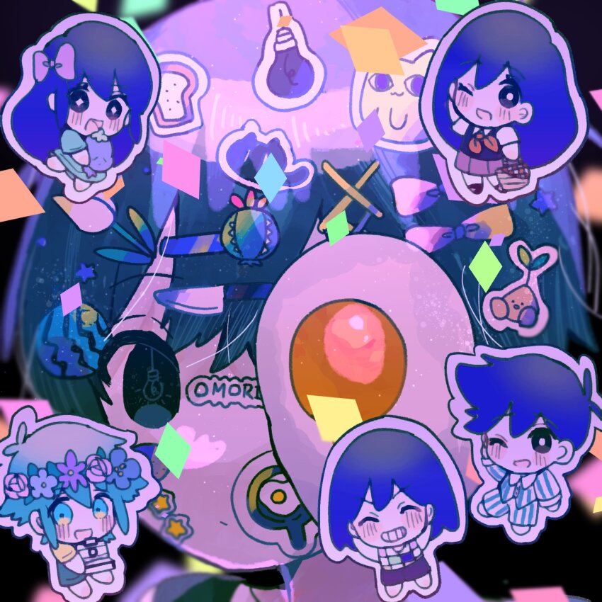 +_+ 2girls 4boys antenna_hair aubrey_(headspace)_(omori) aubrey_(omori) basil_(headspace)_(omori) basil_(omori) big_yellow_cat_(omori) black_eyes black_hair blue_shirt bow bright_pupils camera cat chibi colored_skin food fruit green_eyes green_hair grin hair_bow hair_ornament hero_(headspace)_(omori) hero_(omori) highres holding holding_camera holding_stuffed_toy kel_(headspace)_(omori) kel_(omori) long_hair looking_at_viewer mari_(headspace)_(omori) mari_(omori) mewo mr._plantegg_(omori) multiple_boys multiple_girls omori omori_(omori) one_eye_closed open_mouth parted_lips pink_bow purple_eyes purple_hair shirt short_hair short_sleeves smile sticker stuffed_eggplant stuffed_toy syumino_e teeth watermelon white_pupils white_skin x_hair_ornament