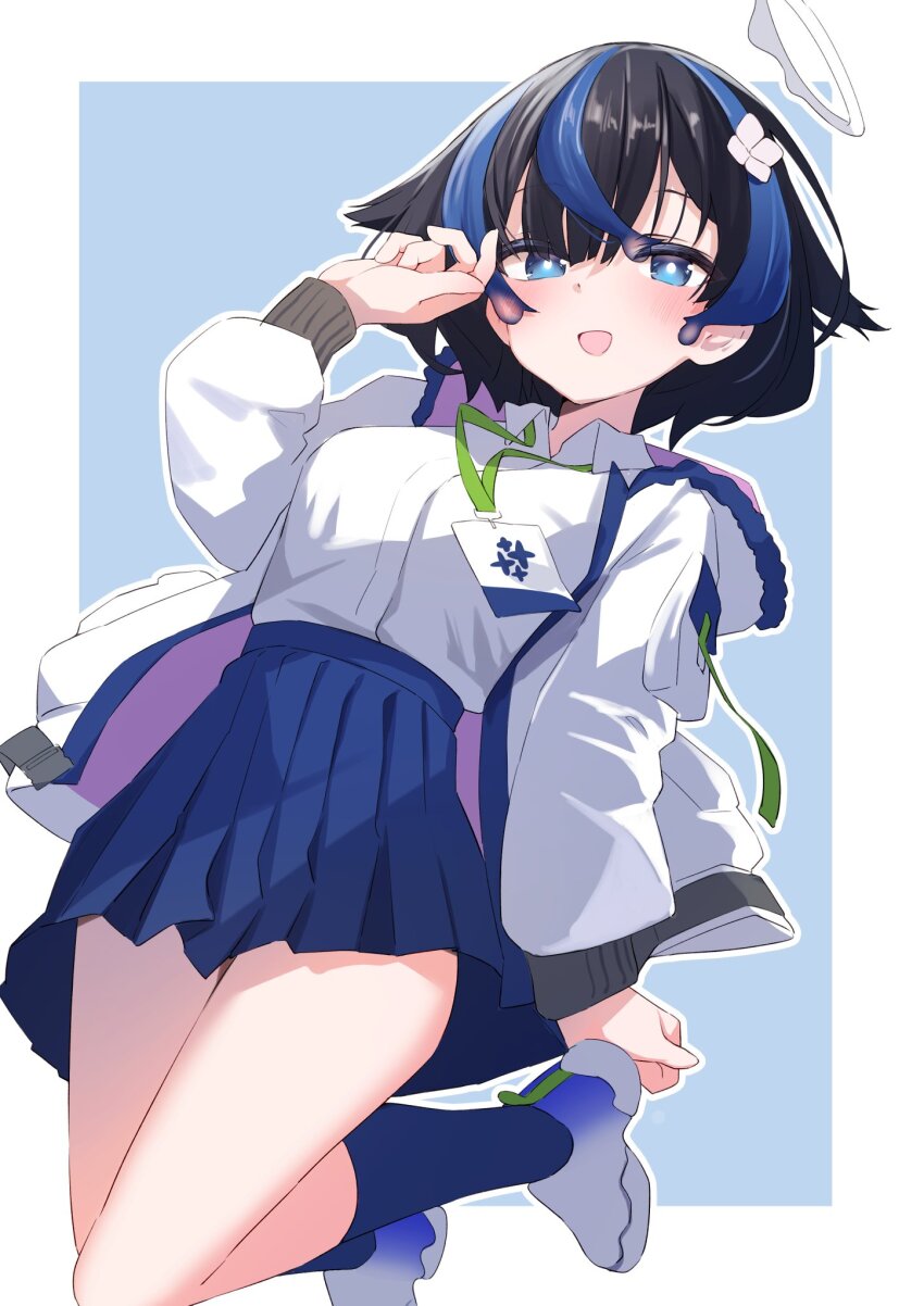 1girl :d black_hair blue_background blue_eyes blue_hair blue_skirt blue_socks blush breasts collared_shirt drenched_shizuku-san dress_shirt full_body hair_between_eyes hair_ornament halo hand_up highres hood hood_down hooded_jacket jacket kneehighs long_sleeves looking_at_viewer medium_breasts multicolored_hair open_clothes open_jacket open_mouth pleated_skirt puffy_long_sleeves puffy_sleeves shirt shoes simple_background six_box skirt smile socks solo streaked_hair two-tone_background two-tone_hair vrchat white_background white_jacket white_shirt white_shoes