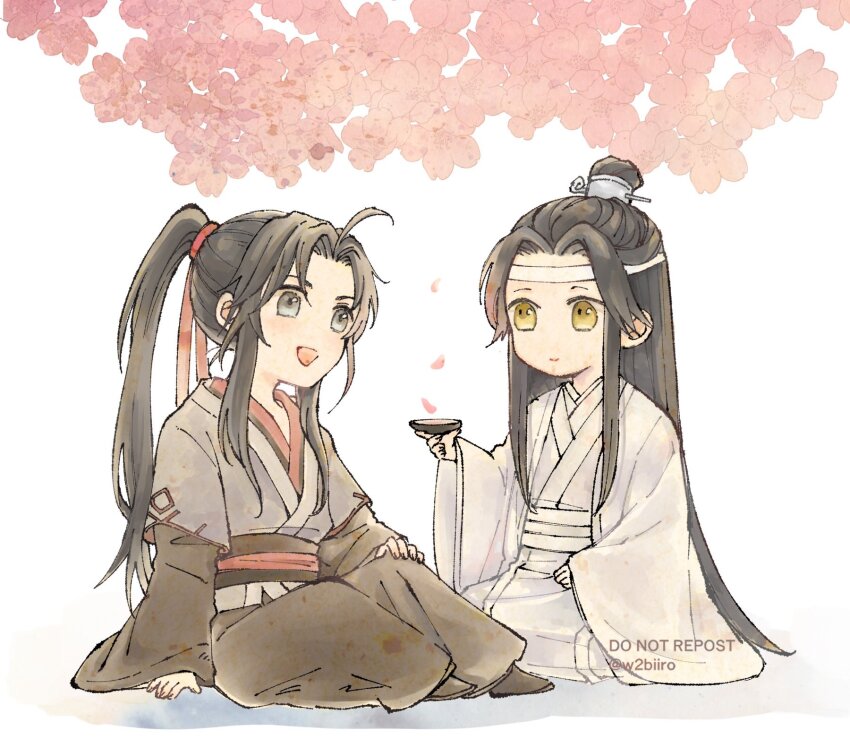 2boys ahoge alcohol black_boots black_hair black_hanfu boots cherry_blossoms chibi chibi_only chinese_clothes closed_mouth cup falling_petals flower full_body grey_eyes hair_ribbon hanfu headband high_ponytail highres holding holding_cup implied_yaoi lan_wangji long_hair long_sleeves looking_at_another male_focus modao_zushi multiple_boys open_mouth petals pink_flower ponytail red_ribbon ribbon robe sakazuki sash seiza sidelocks sitting smile topknot twitter_username very_long_hair w2biiro watermark wei_wuxian white_background white_hanfu white_headband wide_sleeves xiao_guan_(headdress) yellow_eyes