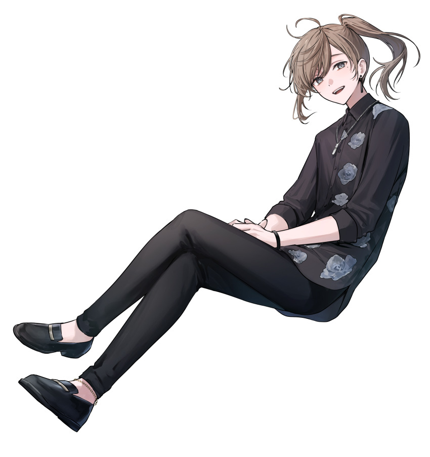 1boy absurdres black_jacket black_pants black_shoes brown_hair commentary_request earrings floral_print_shirt full_body grey_eyes highres invisible_chair jacket jewelry kanae_(14th_costume)_(nijisanji) kanae_(nijisanji) looking_at_viewer male_focus mole mole_under_eye necklace nijisanji pants parted_lips ponytail shoes side_ponytail simple_background sitting sleeves_rolled_up solo teeth tone_haruma transparent_background upper_teeth_only virtual_youtuber