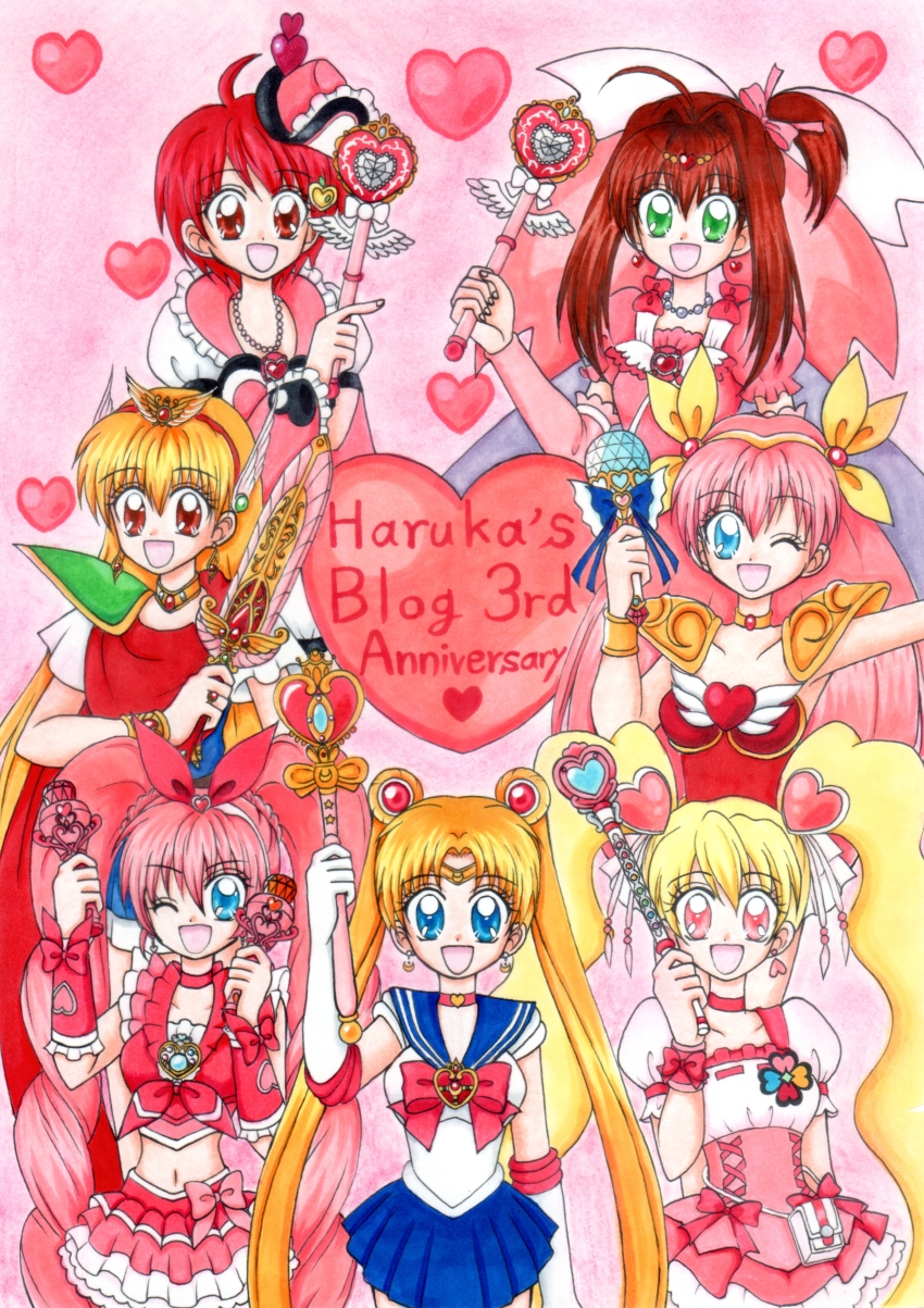 absurdres ai_tenshi_densetsu_wedding_peach akazukin_chacha bishoujo_senshi_sailor_moon crossover cure_melody cure_peach english_text fresh_precure! highres houjou_hibiki jewelpet_(series) long_hair magical_girl magical_princess momozono_love precure sailor_moon sakura_akari spiral_heart_moon_rod suite_precure very_long_hair wedding_peach