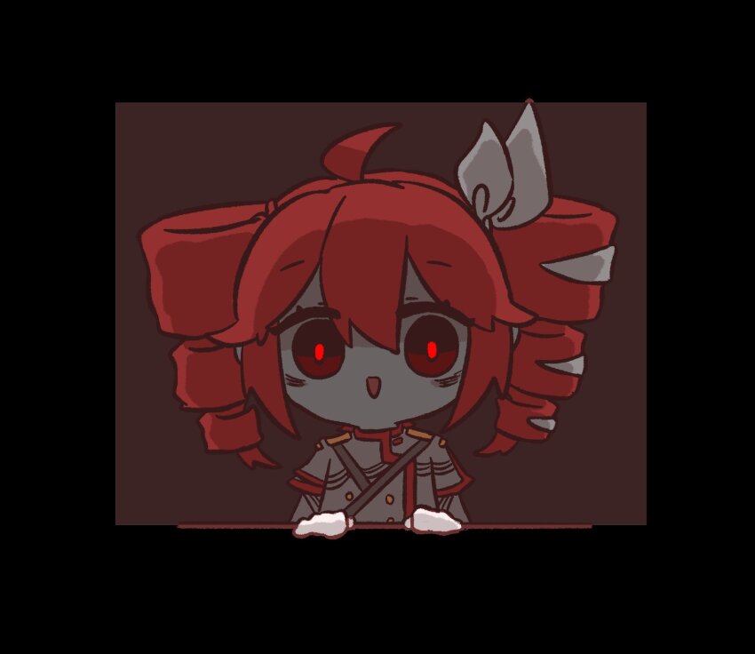 1girl ahoge black_border border buttons commentary double-breasted drill_hair english_commentary glowing glowing_eyes grey_jacket hair_between_eyes hair_ribbon highres hyouenn jacket kasane_teto kasane_teto_(sv) looking_at_viewer open_mouth red_eyes red_hair ribbon shoulder_belt solo straight-on synthesizer_v twin_drills upper_body utau white_ribbon