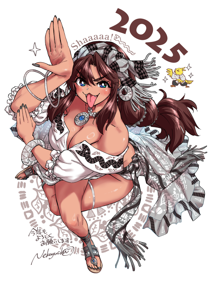 &gt;_&lt; 1girl 2025 artist_name bird blue_eyes blush bracelet braid breasts brown_hair chinese_zodiac cleavage collarbone crossed_legs earrings fangs fingernails grey_headband grey_skirt gypsy headband highres hoop_earrings jewelry large_breasts long_fingernails looking_at_viewer mocha_(nekoguchi) necklace nekoguchi open_mouth original puffy_short_sleeves puffy_sleeves sandals shirt short_sleeves signature skirt smile snake solo thick_thighs thighs tongue tongue_out white_background white_shirt year_of_the_snake