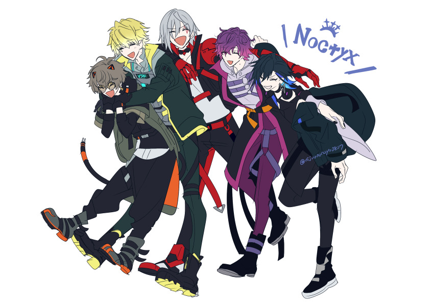 5boys :d ^_^ alban_knox alban_knox_(1st_costume) antenna_hair arm_around_shoulder artist_name belt black_choker black_coat black_footwear black_gloves black_hoodie black_jacket black_nails black_pants black_ribbon black_shirt blonde_hair blue_hair blue_jacket boots brown-tinted_eyewear brown_hair bulletproof_vest cat_tail chest_harness choker closed_eyes coat collared_shirt commentary_request cropped_jacket crossed_bangs dark_blue_hair earrings electric_plug electric_plug_tail facial_tattoo fingernails fulgur_ovid fulgur_ovid_(1st_costume) glasses gloves gold_earrings gradient_hair grey_coat grey_footwear grey_hair grey_shirt grin hair_between_eyes hands_up happy harness headphones headphones_around_neck highres hood hood_down hoodie hug hug_from_behind jacket jewelry layered_sleeves leg_up lightning_bolt_earrings lightning_bolt_symbol long_sleeves male_focus mechanical_arms mole mole_on_neck multicolored_footwear multicolored_hair multiple_boys nail_polish nijisanji nijisanji_en ninahachi noctyx o-ring o-ring_harness off_shoulder open_clothes open_coat open_jacket open_mouth open_shirt orange_belt pants pink_hair purple_hair purple_hoodie purple_pants red_belt red_footwear red_ribbon ribbon round_eyewear shirt short_hair short_over_long_sleeves short_sleeves simple_background sleeveless sleeveless_shirt smile sonny_brisko sonny_brisko_(1st_costume) streaked_hair tail tattoo tinted_eyewear twitter_username uki_violeta uki_violeta_(1st_costume) v-shaped_eyebrows virtual_youtuber white_background white_shirt wide_sleeves yellow_shirt yugo_asuma