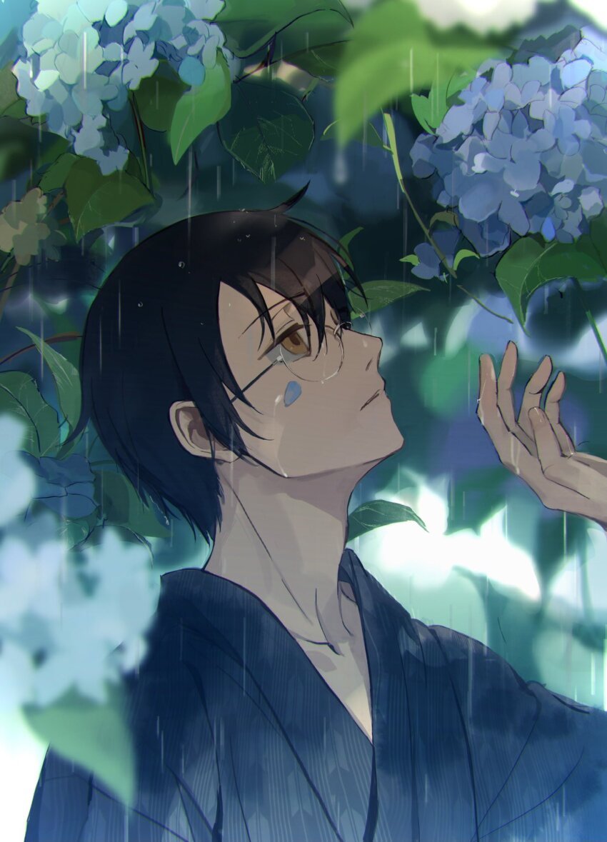 1boy blue_flower blue_kimono blue_petals brown_hair closed_mouth commentary falling_petals flower glasses hair_between_eyes hand_up hashtag-only_commentary highres japanese_clothes kimono leaf male_focus petals plant profile rain rimless_eyewear shusuzu solo upper_body watanuki_kimihiro wet wet_clothes wet_hair xxxholic yellow_eyes yukata