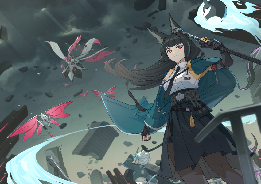2girls absurdres animal_ears asymmetrical_gloves black_hair black_skirt blue_skin blunt_bangs building cityscape closed_mouth cloud cloudy_sky colored_skin daweykun fingerless_gloves fox_ears fox_girl gloves highres holding holding_sword holding_weapon hoshimi_miyabi long_hair mismatched_gloves multiple_girls outdoors red_eyes short_hair sidelocks skirt sky soukaku_(zenless_zone_zero) standing sword weapon white_hair zenless_zone_zero