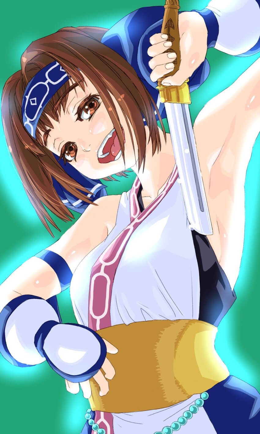 1girl armpits arms_up breasts brown_eyes brown_hair fingerless_gloves gloves half-closed_eyes highres looking_at_viewer medium_breasts open_mouth rimururu samurai_spirits smile snk solo teeth tongue weapon