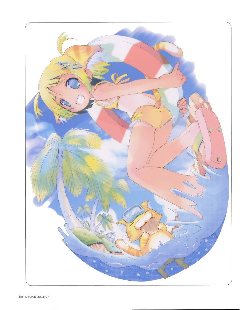 1girl absurdres animal_ears bikini blonde_hair blue_eyes child female_focus hair_ornament hairclip highres innertube looking_at_viewer ocean pop short_hair smile solo swim_ring swimsuit tail tan tanline water