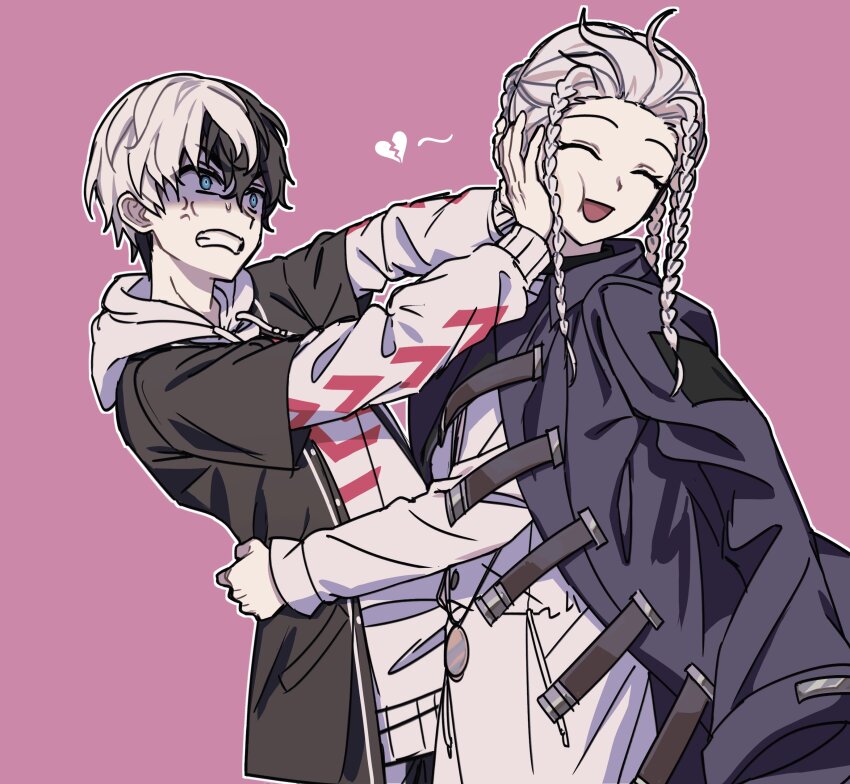 2boys :d ^_^ absurdres anger_vein black_hair black_jacket braid broken_heart clenched_teeth closed_eyes coat coat_on_shoulders hashtag-only_commentary heart highres hood hoodie hug jacket kuronaka_yo looking_at_another male_focus mrae_w multicolored_hair multiple_boys multiple_braids open_mouth pink_background pushing pushing_away pushing_face shaded_face short_hair simple_background smile teeth tribe_nine two-tone_hair upper_body v-shaped_eyebrows white_hair white_hoodie zero_(tribe_nine)