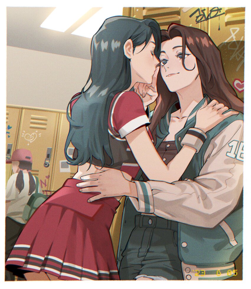 2girls animification brown_eyes cho_mi-yeon closed_eyes closed_mouth finger_to_another&#039;s_mouth g-i-dle gracepago0314 hand_on_another&#039;s_shoulder highres indoors k-pop locker long_hair multiple_girls real_life school segment_display yeh_shuhua yuri