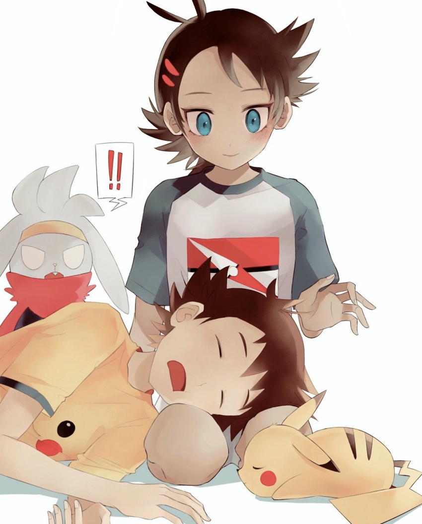 ! !! 2boys ash_ketchum blue_eyes blush brown_hair character_print closed_eyes closed_mouth commentary_request eyelashes fingernails gen_1_pokemon gen_8_pokemon goh_(pokemon) hair_ornament highres lap_pillow looking_at_another looking_down multiple_boys nintendo open_mouth pikachu pokemon pokemon_(anime) pokemon_(creature) pokemon_journeys print_shirt raboot shirt short_sleeves smile tongue usatchi_(user_paxg7323) white_background