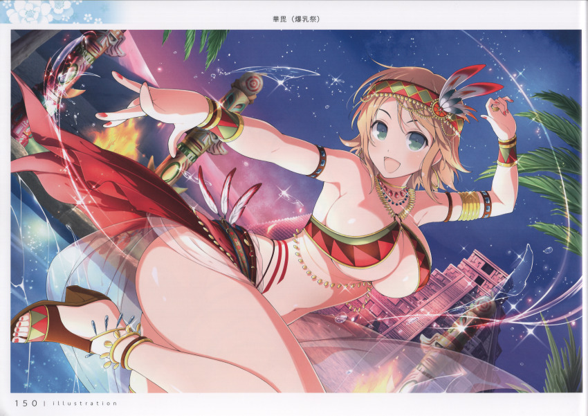 1girl absurdres architecture armlet bare_shoulders breasts cleavage green_eyes hair_ornament headband high_heel_sandals highres jewelry large_breasts looking_at_viewer mesoamerican_architecture official_art open_mouth page_number sandals scan senran_kagura senran_kagura_new_link shiny_skin short_hair simple_background smile solo thighs wristband yaegashi_nan