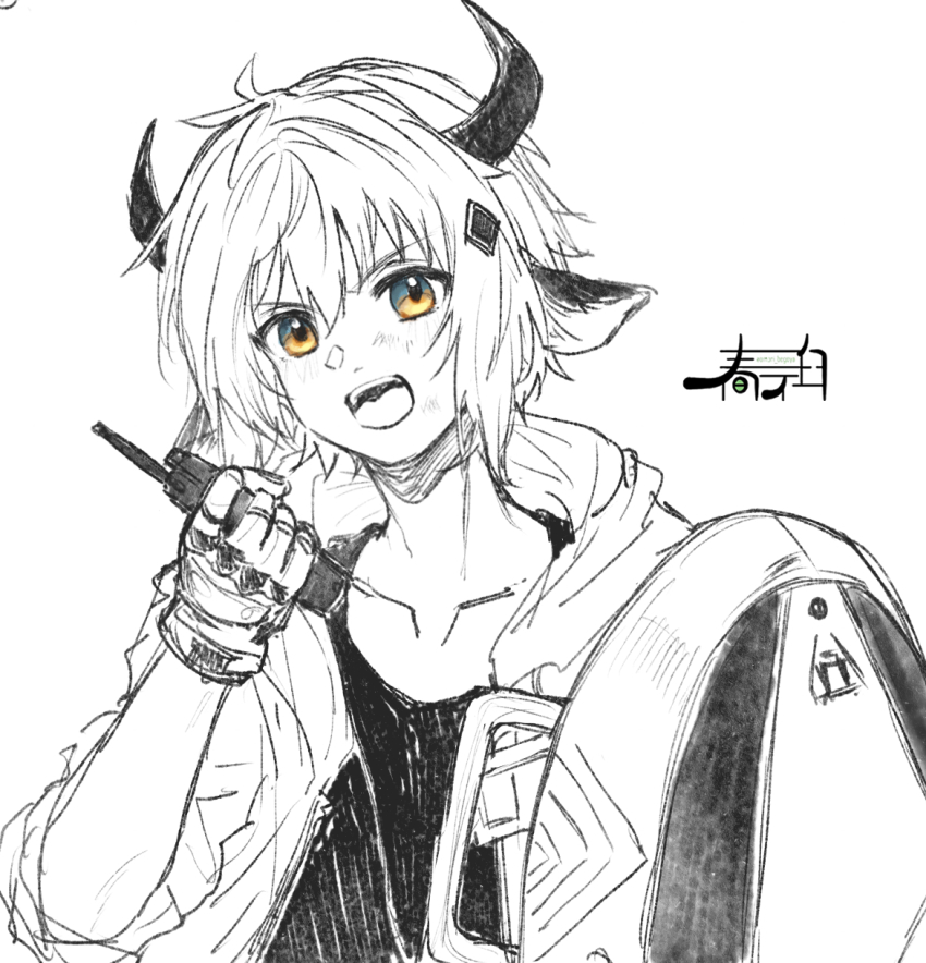 1boy animal_ears arknights bison_(arknights) blush brown_eyes collarbone cow_boy cow_ears cow_horns gloves hair_between_eyes hair_ornament harukan_tiusu highres holding horns jacket male_focus monochrome open_clothes open_jacket open_mouth shirt simple_background solo spot_color upper_body v-shaped_eyebrows walkie-talkie white_background
