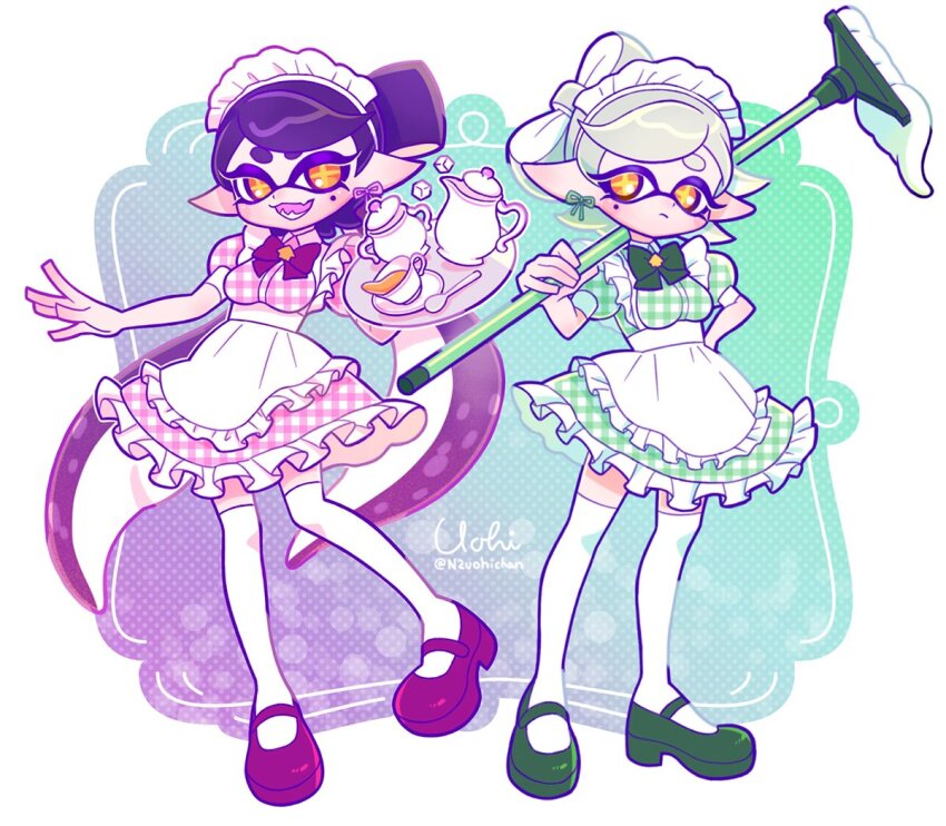 +_+ 2girls alternate_costume apron dress frilled_apron frills hand_on_own_hip holding holding_mop holding_plate holding_tray inkling looking_at_viewer maid maid_apron maid_headdress mole mole_under_eye mop multiple_girls n2uohichan nintendo plate spilling splatoon_(series) splatoon_3 tray waitress