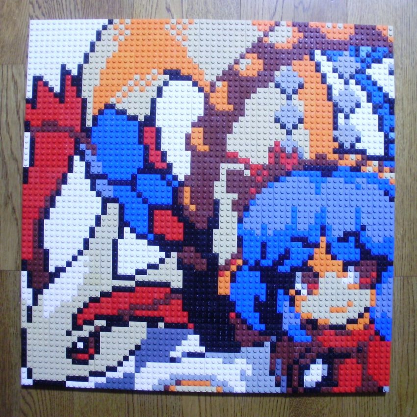 1girl blue_hair closed_mouth game_freak gen_3_pokemon hair_ornament highres leaf_hair_ornament lego lego_(medium) looking_at_viewer milotic mirror nintendo photo_(medium) pixel_art pokemon pokemon_(creature) red_eyes red_shirt rope shide shimenawa shirt short_hair simple_background smile touhou unconventional_media upper_body v-shaped_eyebrows white_background yasaka_kanako you_rei_(blowback)