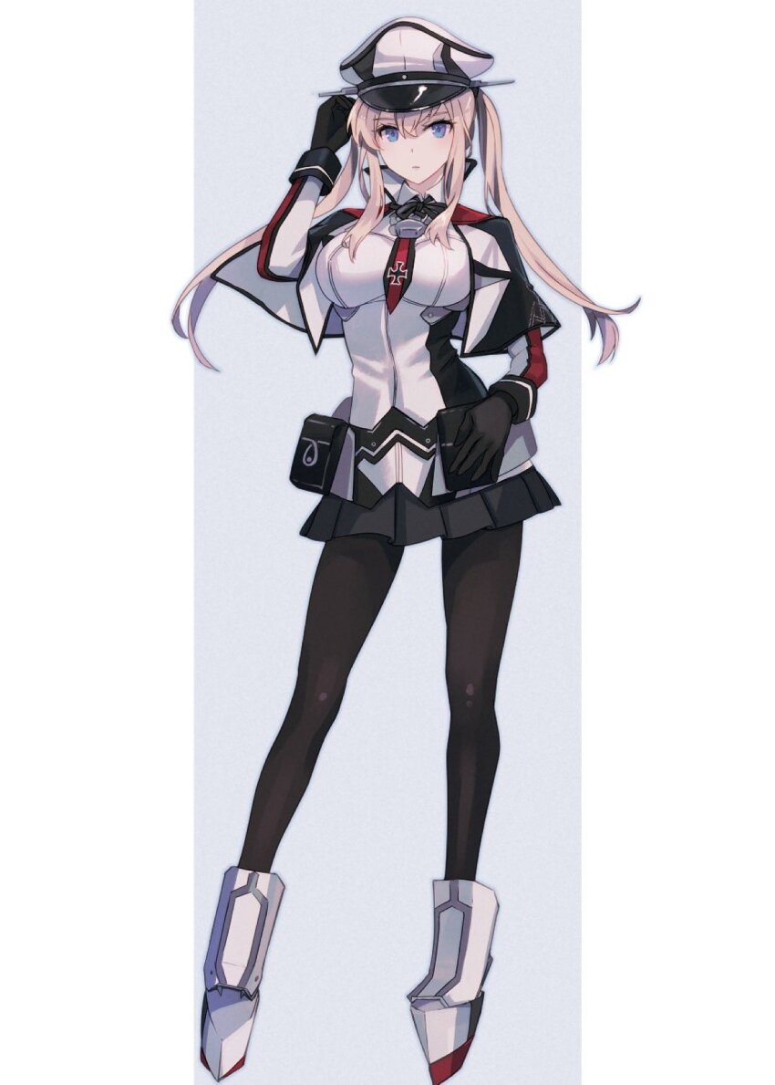 1girl black_gloves black_hat black_pantyhose black_skirt blonde_hair blue_eyes border breasts capelet cross full_body gloves graf_zeppelin_(kancolle) grey_background hair_between_eyes hat highres iron_cross jacket kantai_collection kasumi_(skchkko) large_breasts long_hair long_sleeves looking_at_viewer military_hat military_uniform miniskirt multicolored_capelet multicolored_jacket necktie pantyhose peaked_cap pleated_skirt red_capelet rudder_footwear short_necktie sidelocks simple_background skirt solo twintails two-tone_headwear two-tone_jacket white_border white_capelet white_hat white_jacket