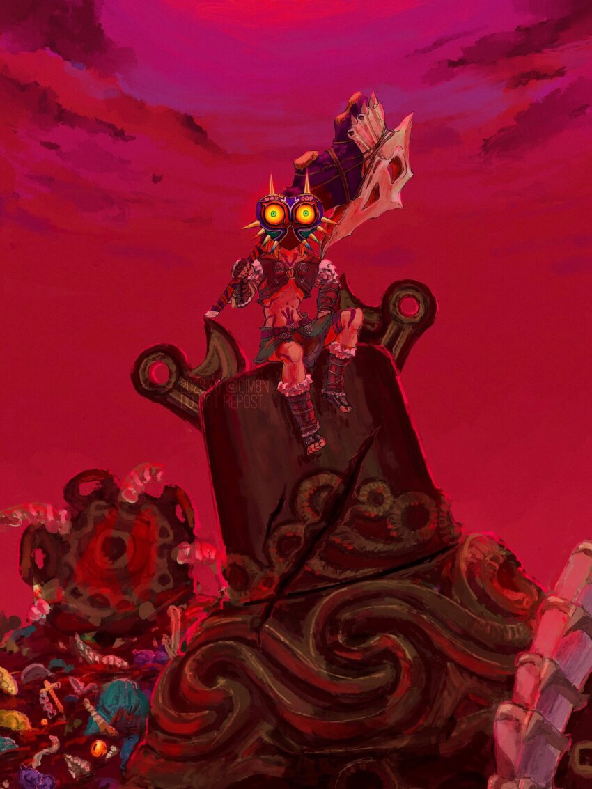 1boy barbarian_set_(zelda) blood boots brown_gloves brown_skirt crop_top fingerless_gloves fur-trimmed_boots fur_trim gloves guardian_(zelda) highres holding holding_weapon link mask monster nintendo oim8n red_background red_sky sitting skirt sky stomach tattoo the_legend_of_zelda the_legend_of_zelda:_breath_of_the_wild the_legend_of_zelda:_majora&#039;s_mask watermark weapon