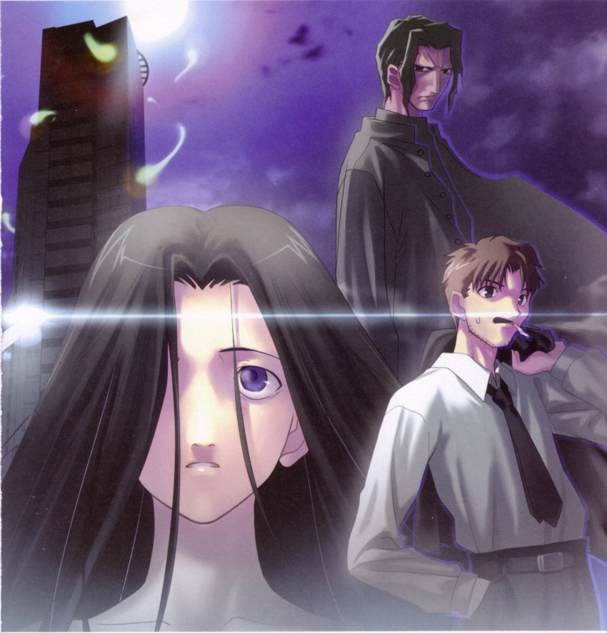 1girl 2boys akimi_daisuke araya_souren brown_hair collared_shirt dress_shirt expressionless fujou_kirie hair_over_one_eye highres kara_no_kyoukai long_sleeves looking_at_viewer moon moonlight multiple_boys non-web_source scan shirt takeuchi_takashi upper_body white_shirt